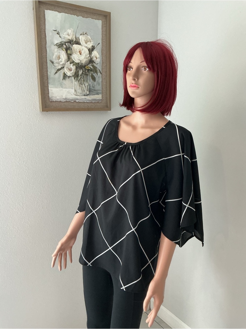 New York & Company Black Windowpane Dolman Blouse